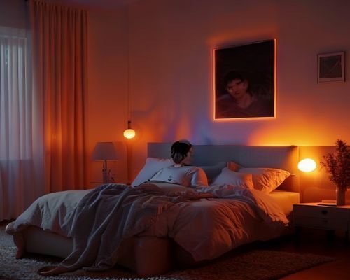 深夜卧室中用户戴着耳机聆听助眠asmr音频，温暖橙色床头灯光营造安心入睡氛围